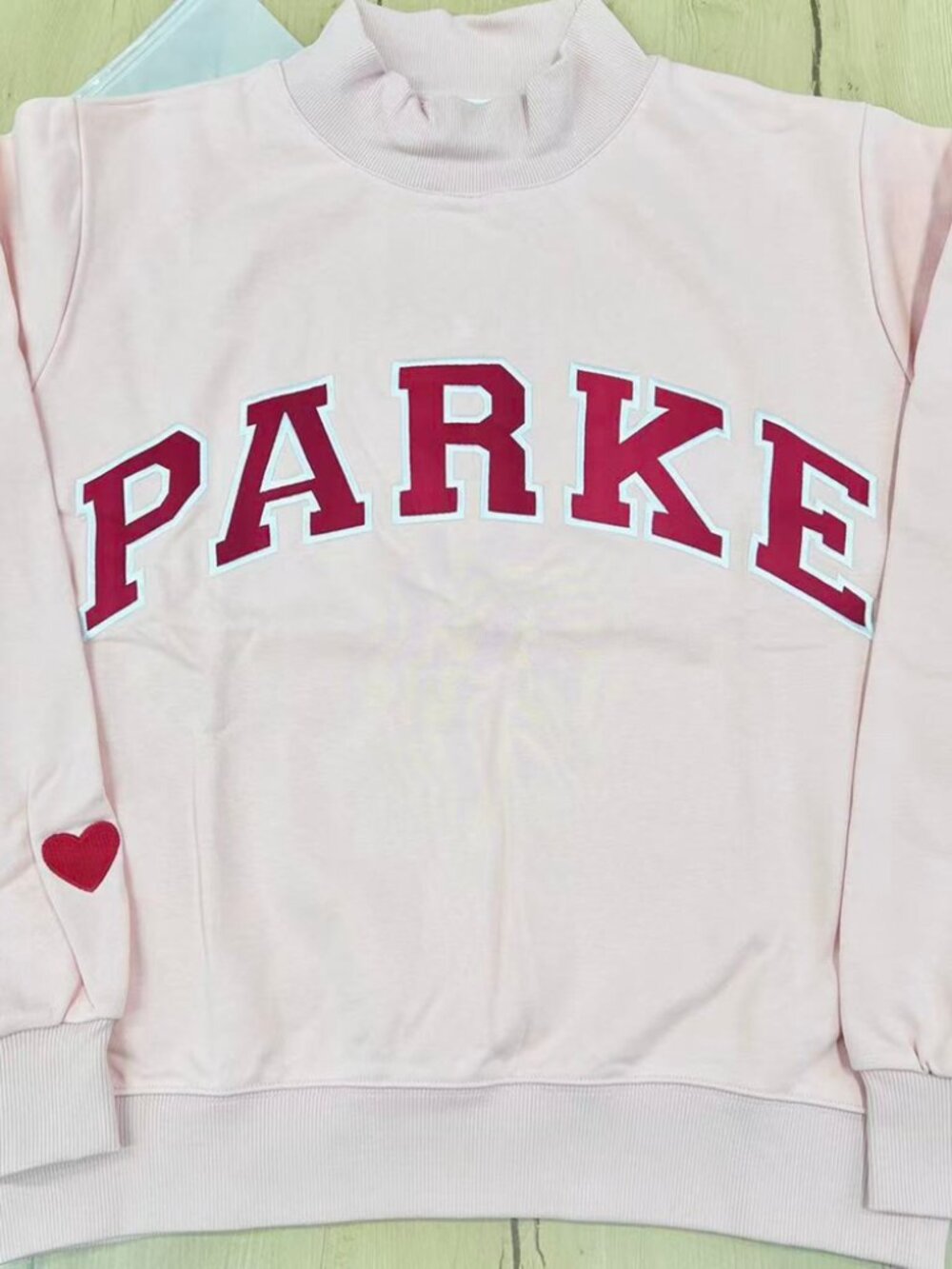 PARKE Pink Mock Neck Varsity Sweatshirt Heart Sleeve S/M